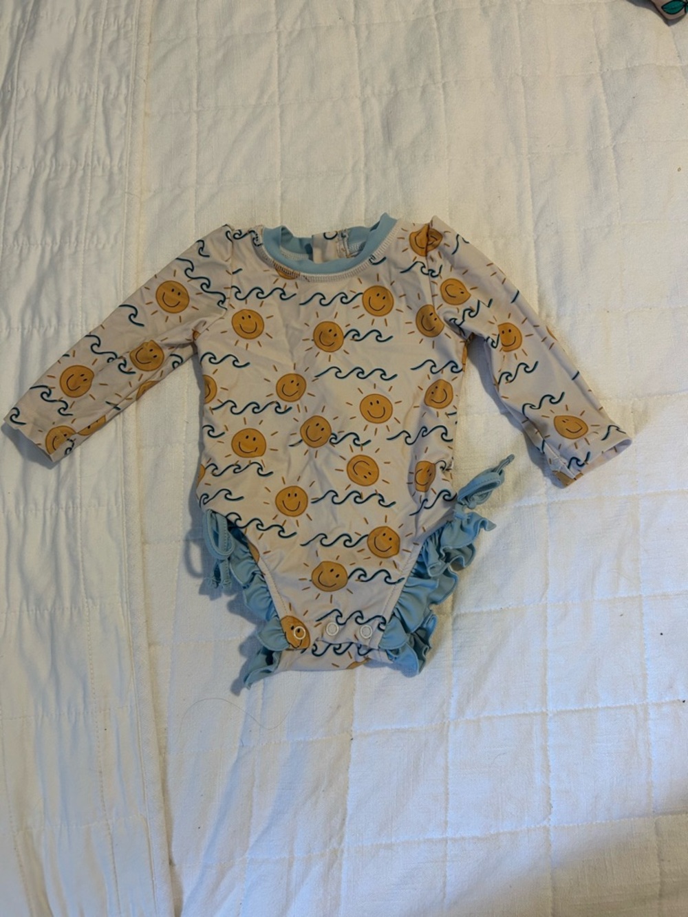 Caden Lane Sun Print Long-Sleeve One-Piece Swimsuit - Cream & Light Blue
